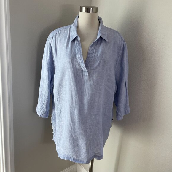 Tahari Womens Plus 2X 100% Linen Relaxed Blue Popover Tunic Top Shirt - Picture 1 of 9
